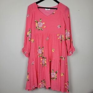 ANTHRO KINDRED Pink Floral Embriodery Tiered Midi Dress XL Spring Summer NWT
